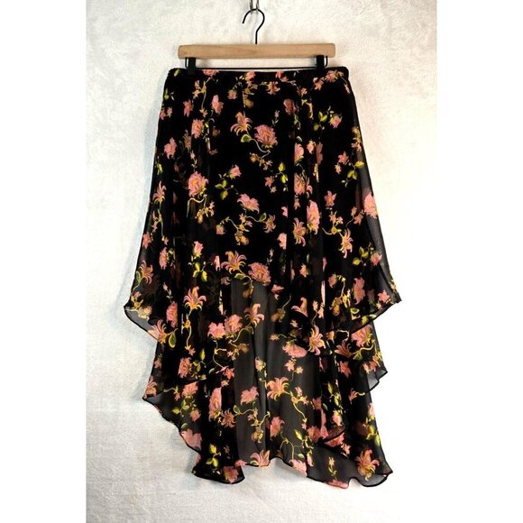 Hi-Low Skirt Black Skirt Pink Flowers Metaphor XL SemiSheer Flouncy Boho Cottage - Picture 1 of 11
